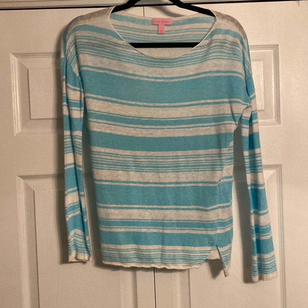 Lilly Pulitzer 100% Linen Alana Sweater in Coconut Row Stripes Aqua Blue Small